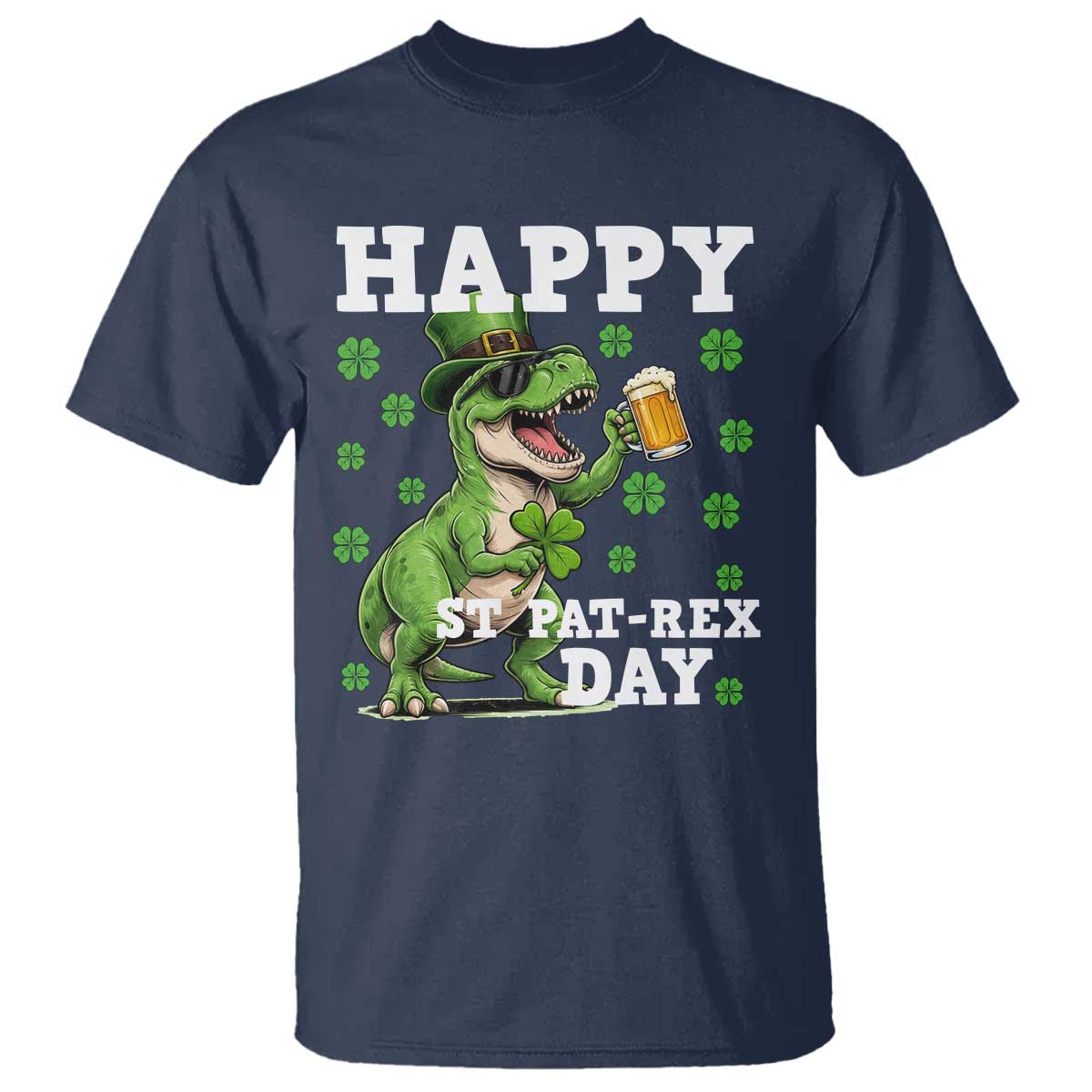 Happy St Pat Rex Day T Shirt Funny Dinosaur Drinking Beer