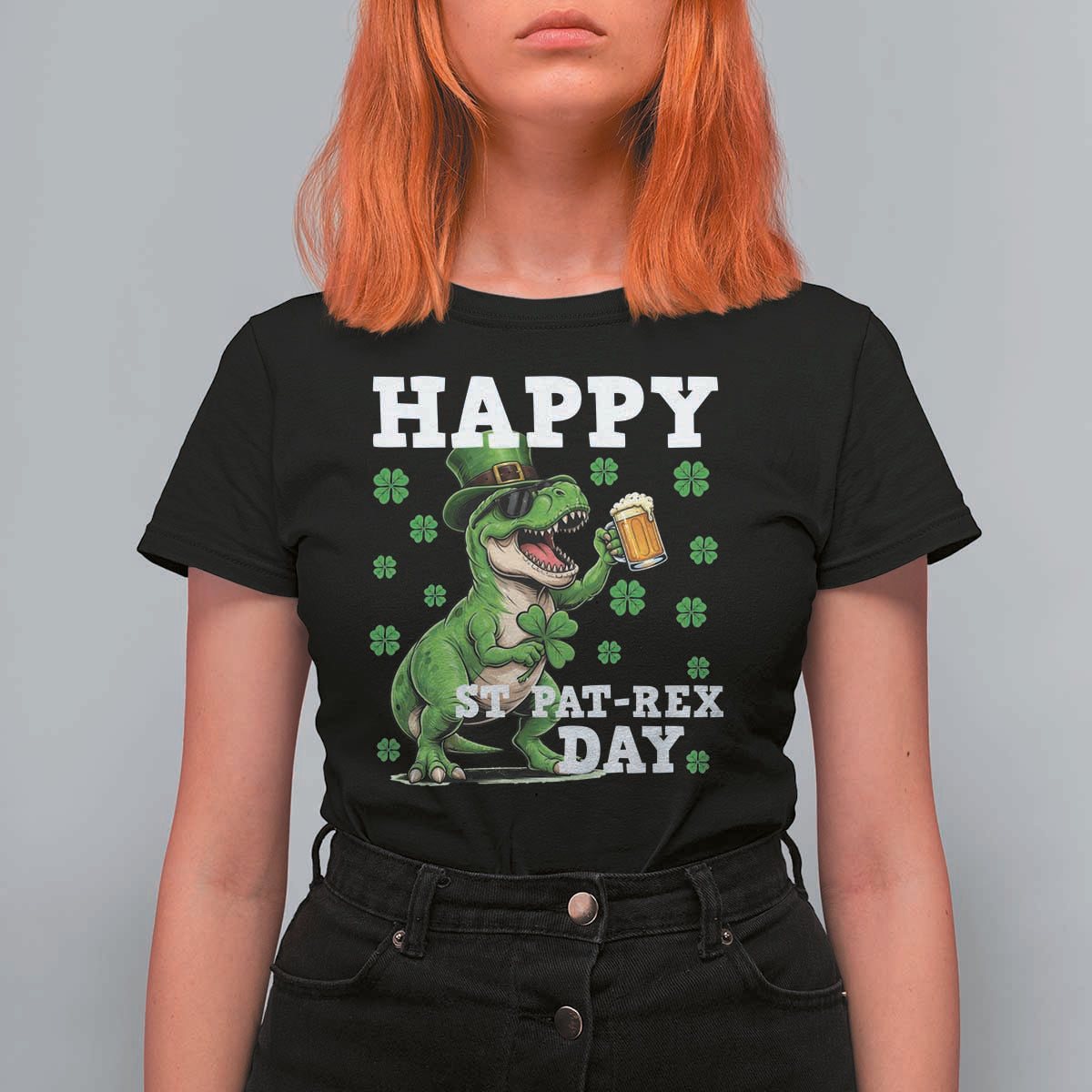 Happy St Pat Rex Day T Shirt For Women Funny Dinosaur Drinking Beer