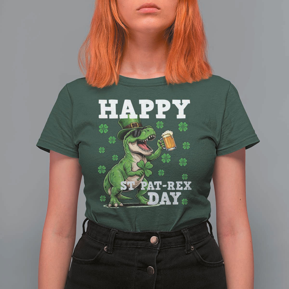 Happy St Pat Rex Day T Shirt For Women Funny Dinosaur Drinking Beer