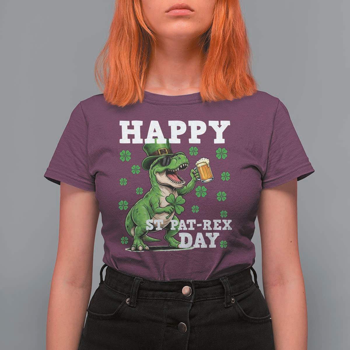 Happy St Pat Rex Day T Shirt For Women Funny Dinosaur Drinking Beer
