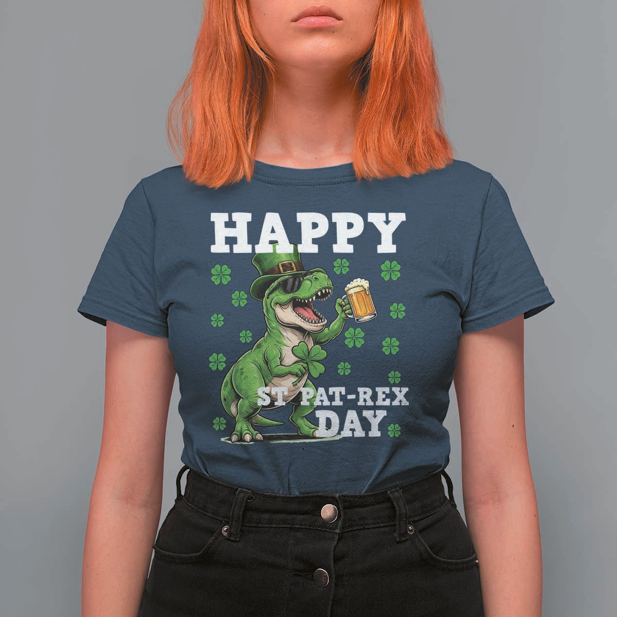 Happy St Pat Rex Day T Shirt For Women Funny Dinosaur Drinking Beer