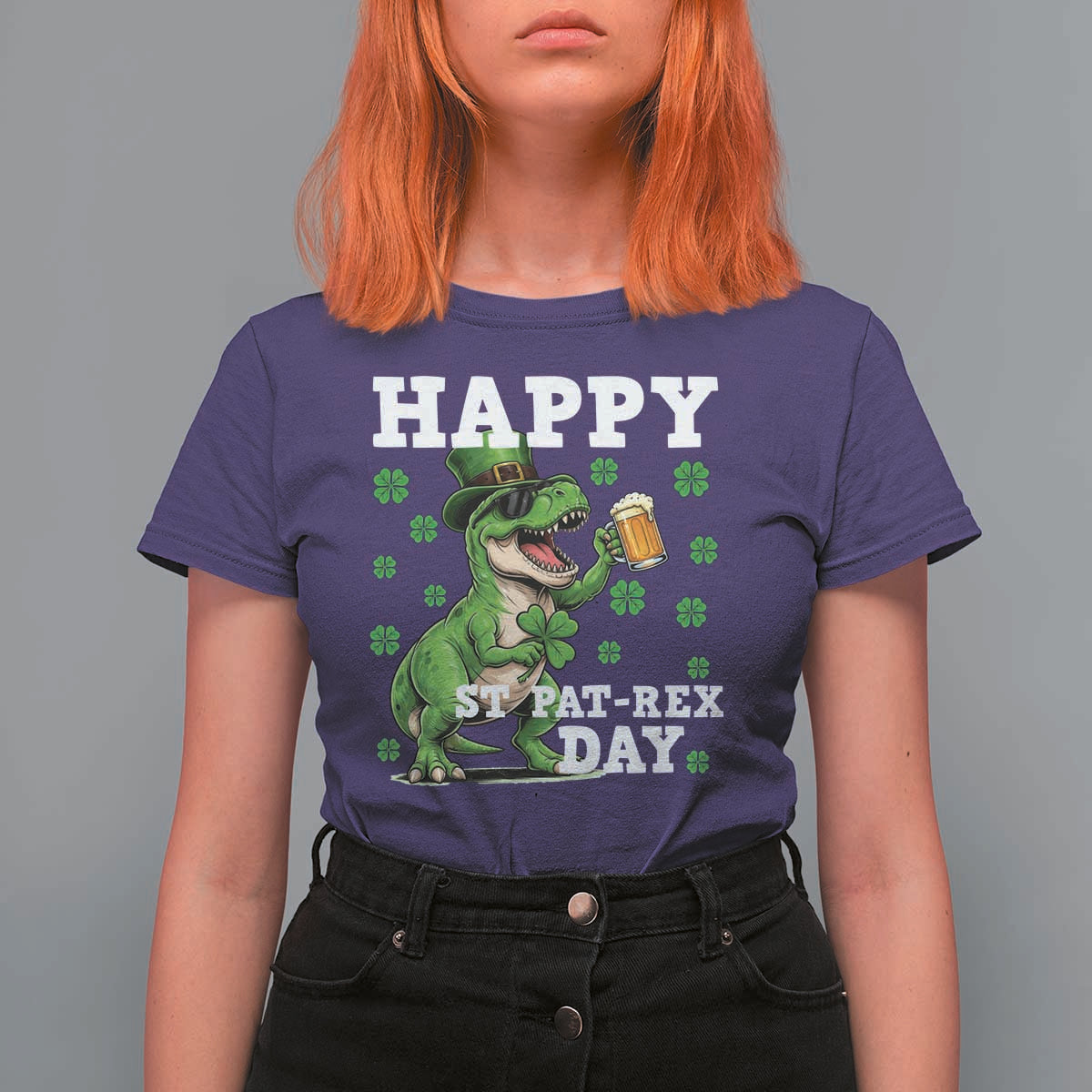 Happy St Pat Rex Day T Shirt For Women Funny Dinosaur Drinking Beer
