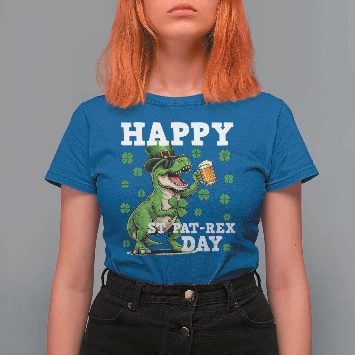 Happy St Pat Rex Day T Shirt For Women Funny Dinosaur Drinking Beer