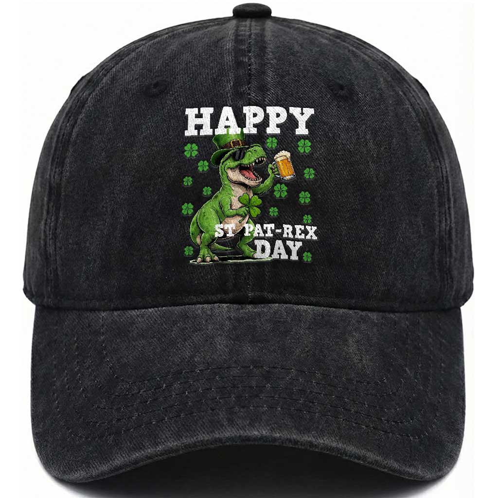 Happy St Pat Rex Day Washed Cotton Baseball Cap Funny Dinosaur Drinking Beer