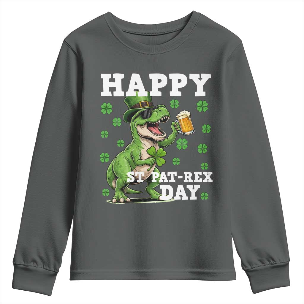 Happy St Pat Rex Day Youth Sweatshirt Funny Dinosaur Drinking Beer