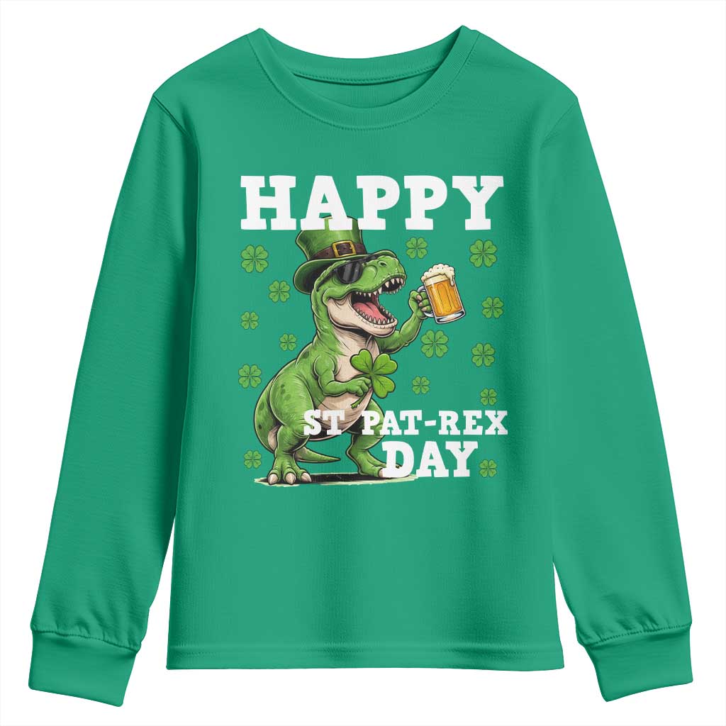 Happy St Pat Rex Day Youth Sweatshirt Funny Dinosaur Drinking Beer