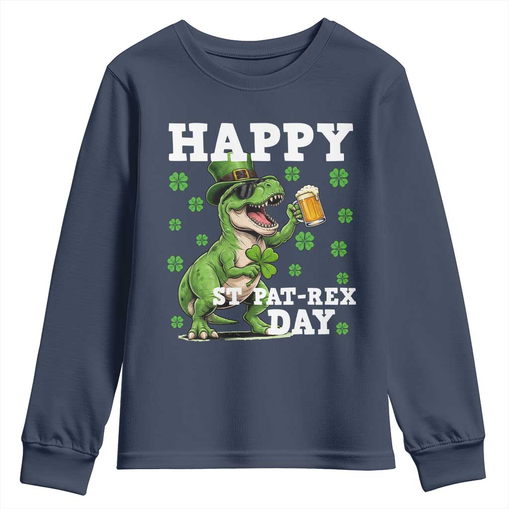 Happy St Pat Rex Day Youth Sweatshirt Funny Dinosaur Drinking Beer