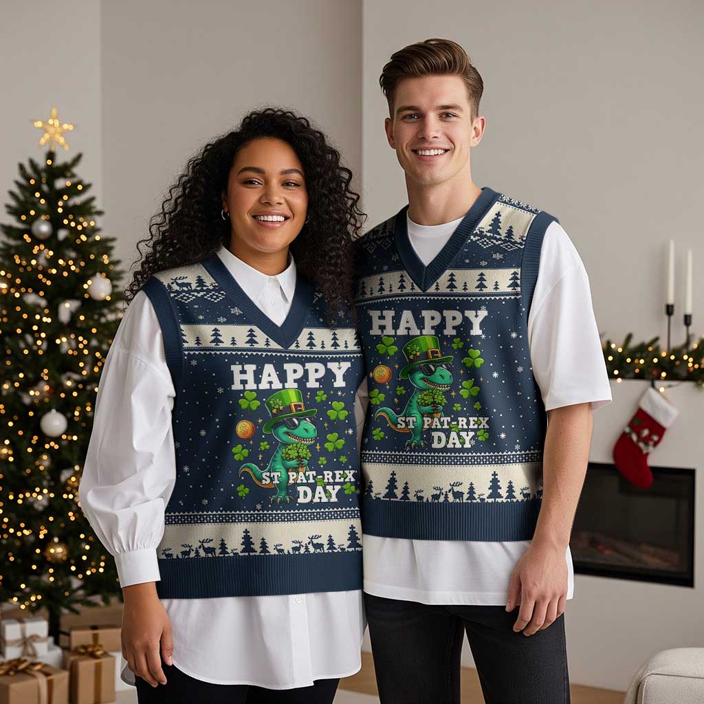 Happy St Pat Rex Day V-Neck Knit Sweater Vest St Patricks Day Dino Lover