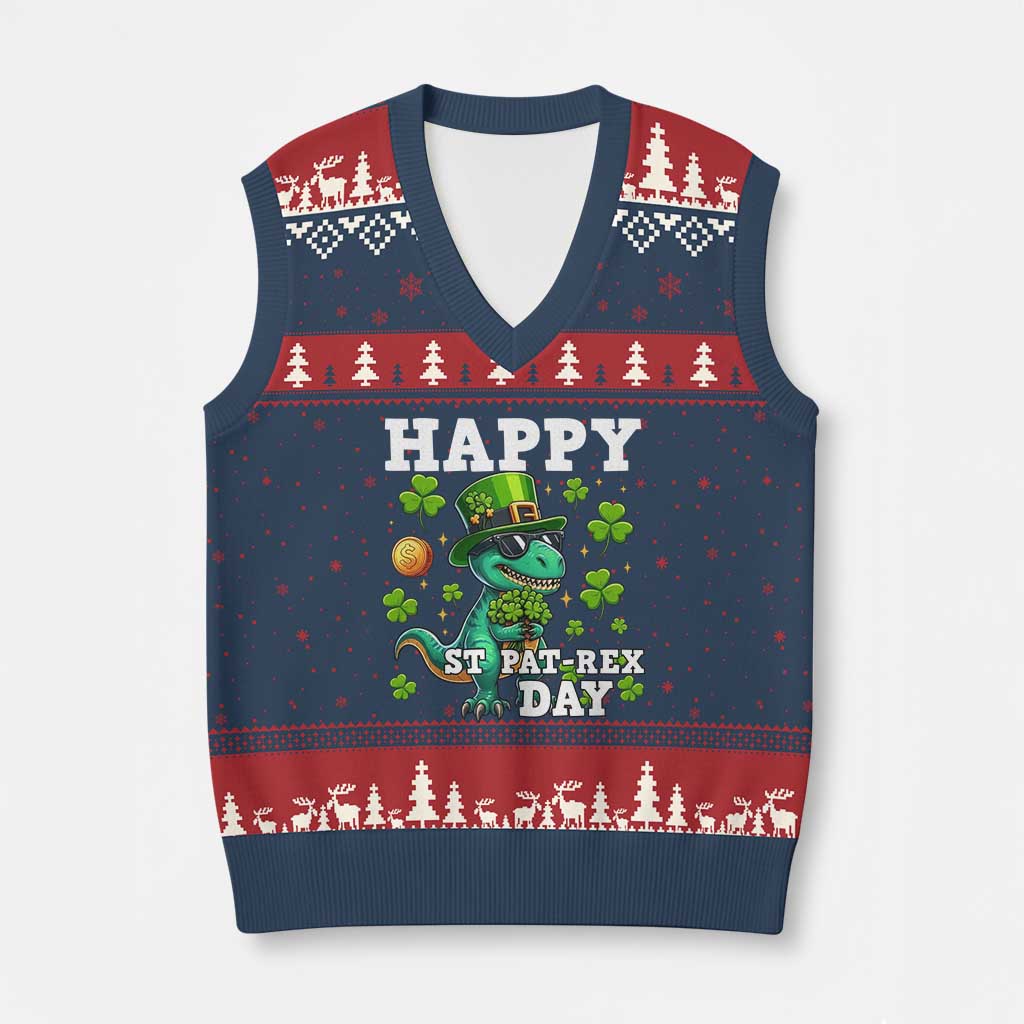 Happy St Pat Rex Day V-Neck Knit Sweater Vest St Patricks Day Dino Lover