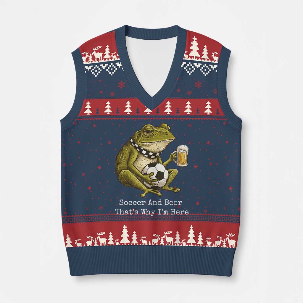 Funny Frog Lover V-Neck Knit Sweater Vest Soccer And Beer That Is Why I Am Here