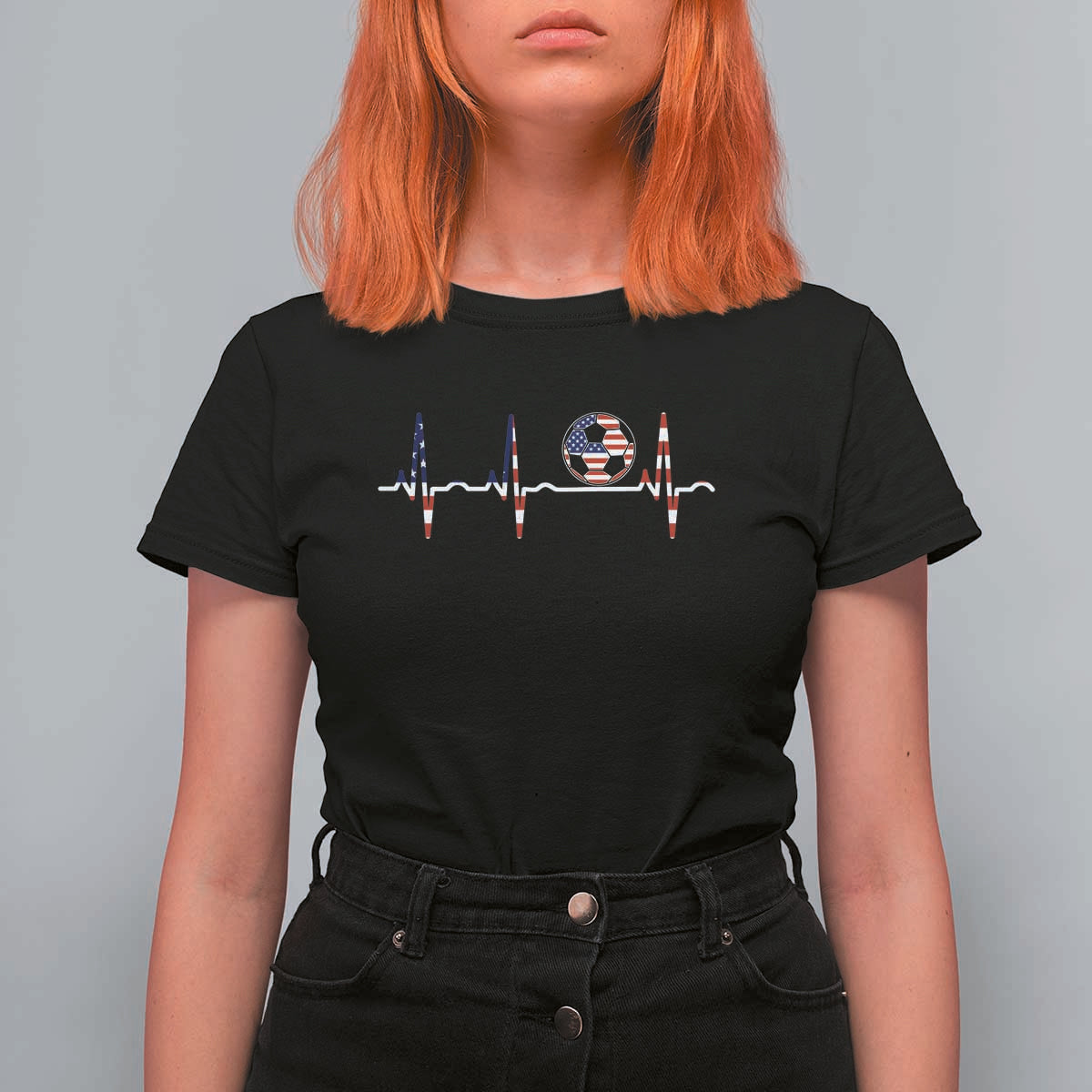 USA Soccer Heartbeat T Shirt For Women American Flag Football Pulse