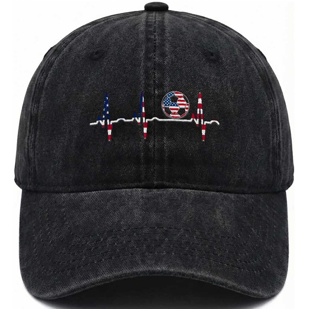 USA Soccer Heartbeat Washed Cotton Baseball Cap American Flag Football Pulse