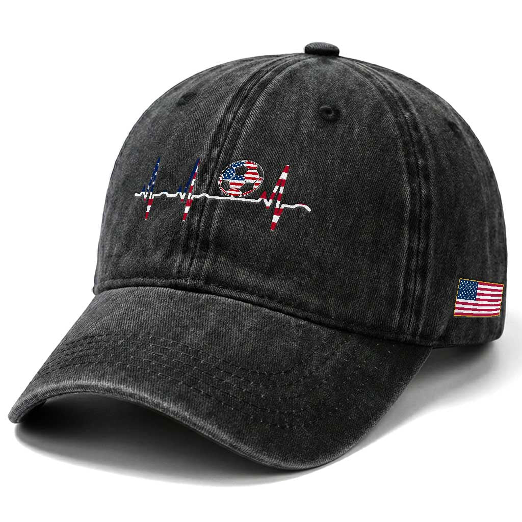 USA Soccer Heartbeat Washed Cotton Baseball Cap American Flag Football Pulse
