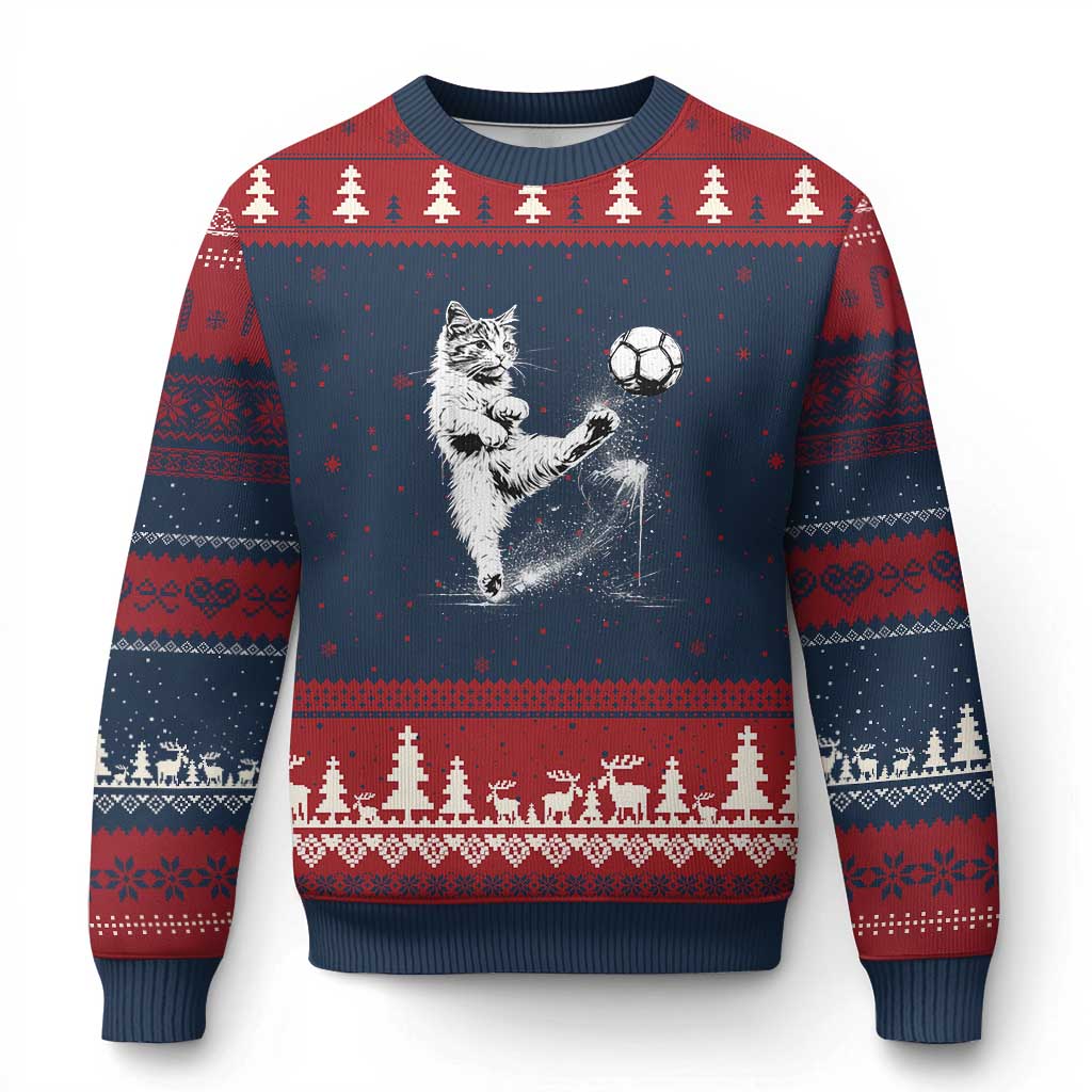 Cat Playing Soccer Ugly Christmas Sweater Funny Cat Lover Gift