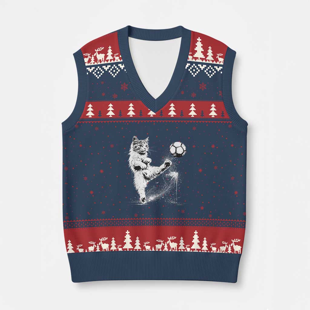 Cat Playing Soccer V-Neck Knit Sweater Vest Funny Cat Lover Gift