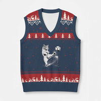 Cat Playing Soccer V-Neck Knit Sweater Vest Funny Cat Lover Gift