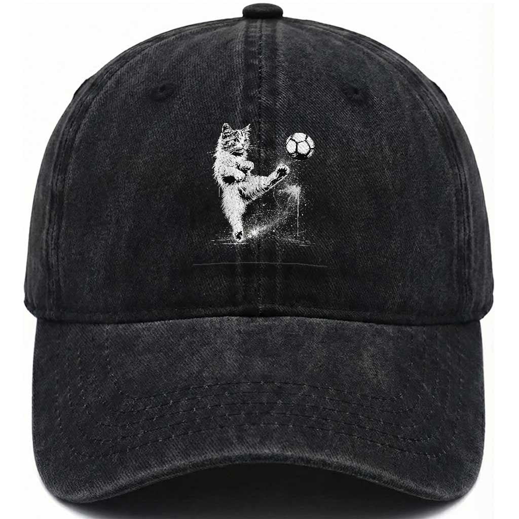 Cat Playing Soccer Washed Cotton Baseball Cap Funny Cat Lover Gift
