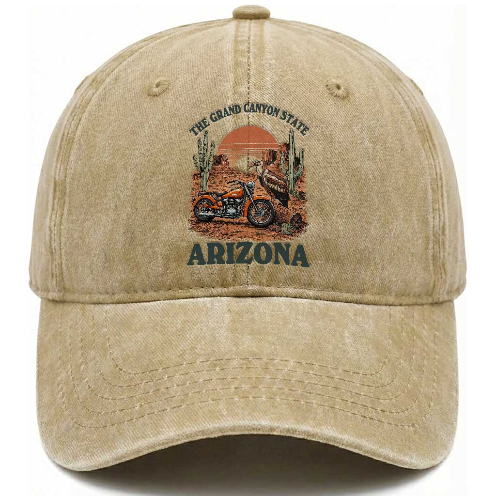Vintage Arizona Motorcycle Rider Washed Cotton Baseball Cap Desert Cactus Grand Canyon State