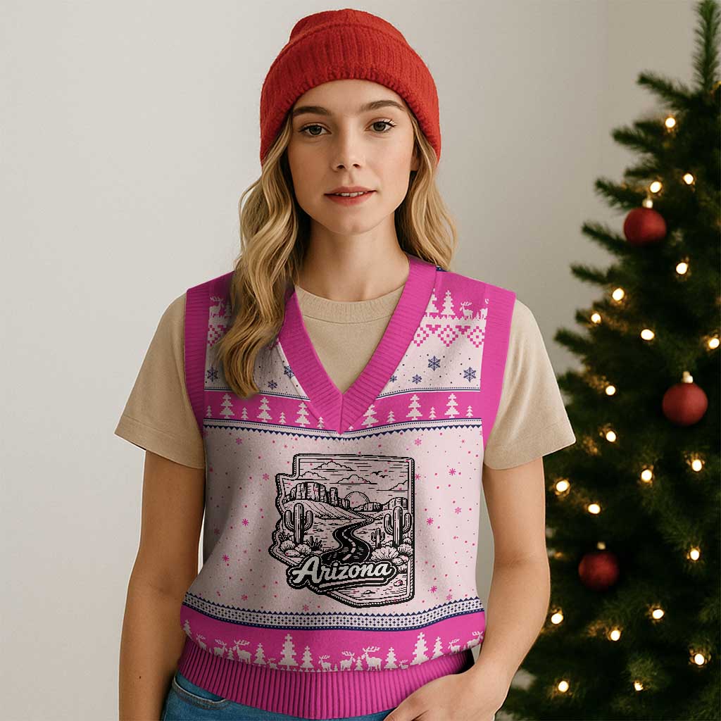 Vintage Arizona Pride V-Neck Knit Sweater Vest Cactus Desert Western Landscape