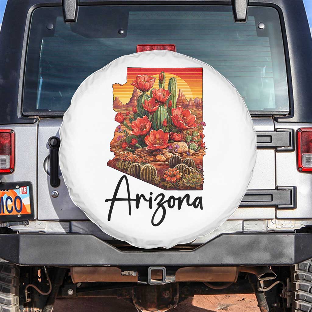 Arizona Map Blooming Cactus Flowers Gift Spare Tire Cover
