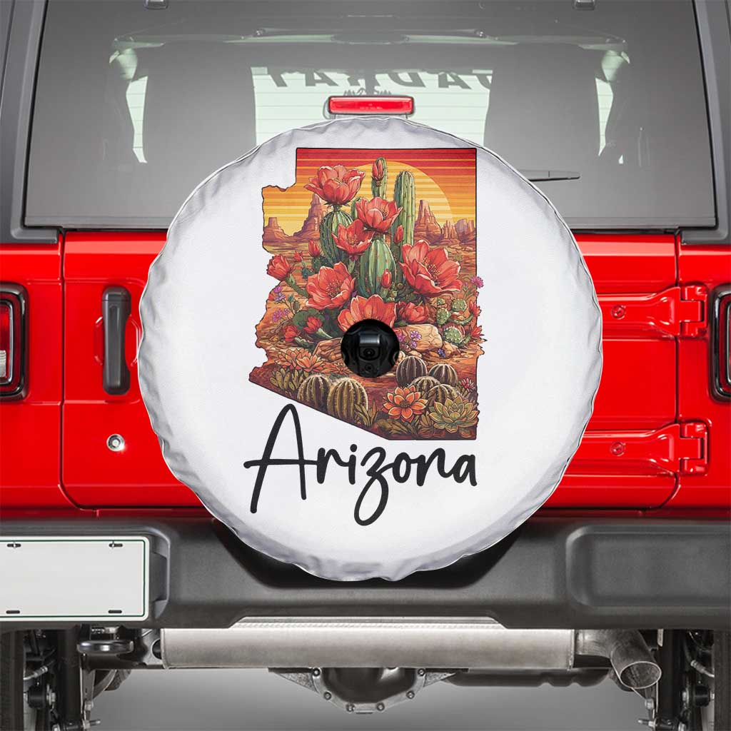 Arizona Map Blooming Cactus Flowers Gift Spare Tire Cover