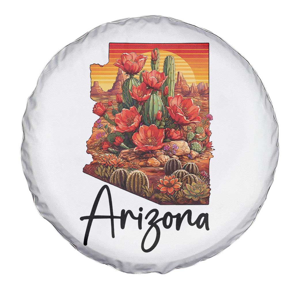 Arizona Map Blooming Cactus Flowers Gift Spare Tire Cover