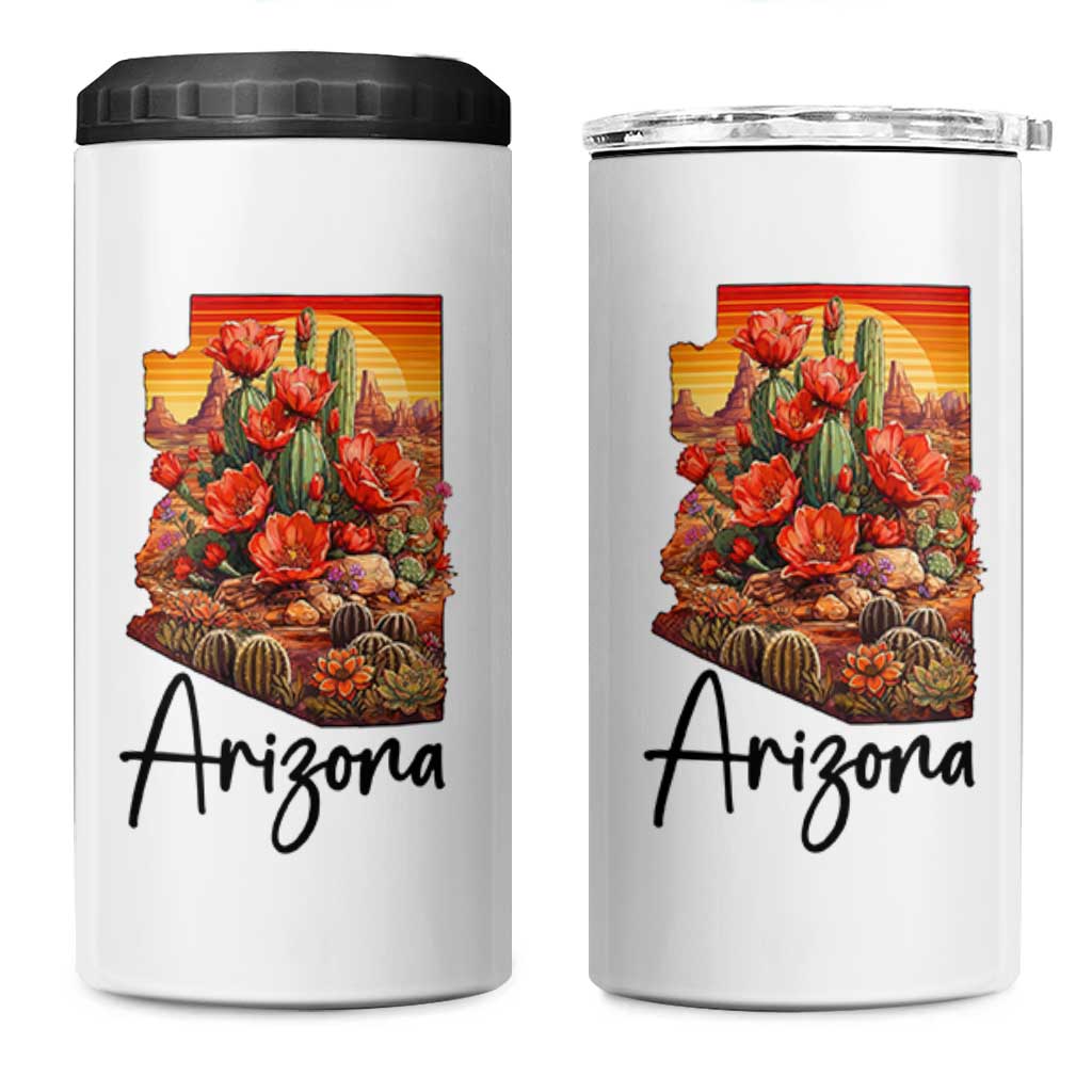 Arizona Map Blooming Cactus Flowers Gift 4 in 1 Can Cooler Tumbler