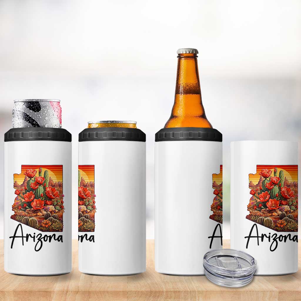 Arizona Map Blooming Cactus Flowers Gift 4 in 1 Can Cooler Tumbler