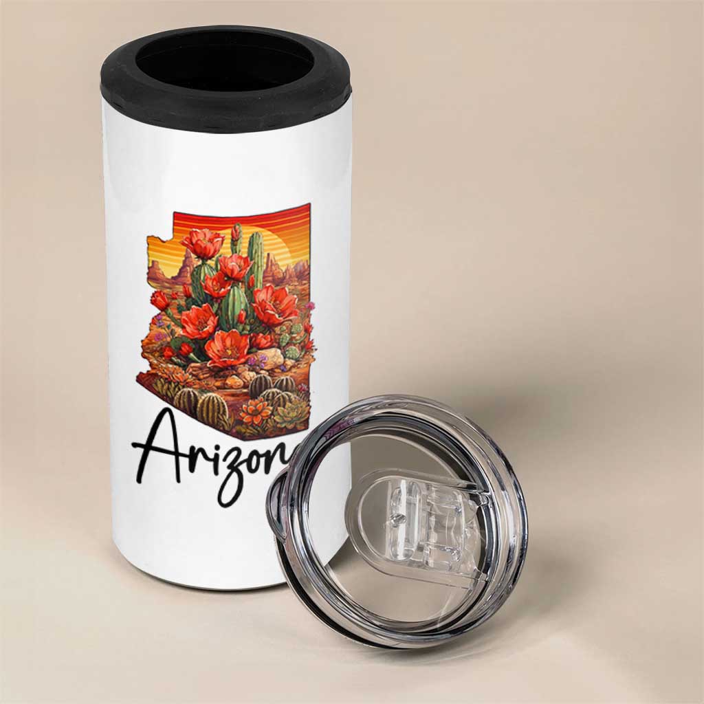 Arizona Map Blooming Cactus Flowers Gift 4 in 1 Can Cooler Tumbler