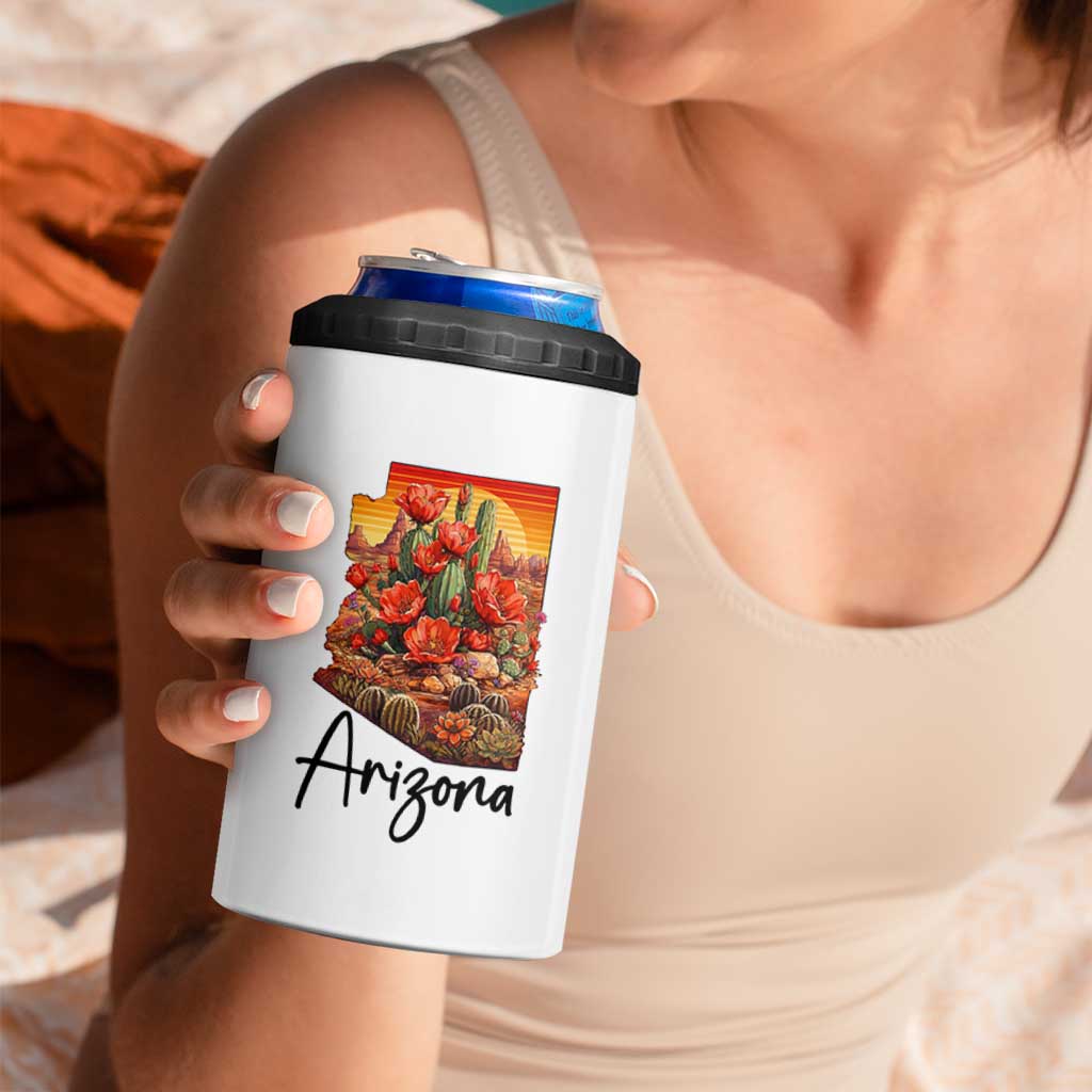 Arizona Map Blooming Cactus Flowers Gift 4 in 1 Can Cooler Tumbler