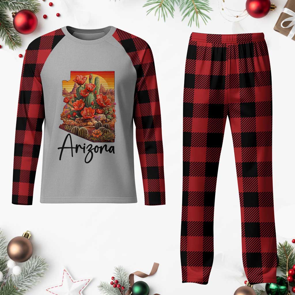 Arizona Map Blooming Cactus Flowers Gift Plaid Pajama Set