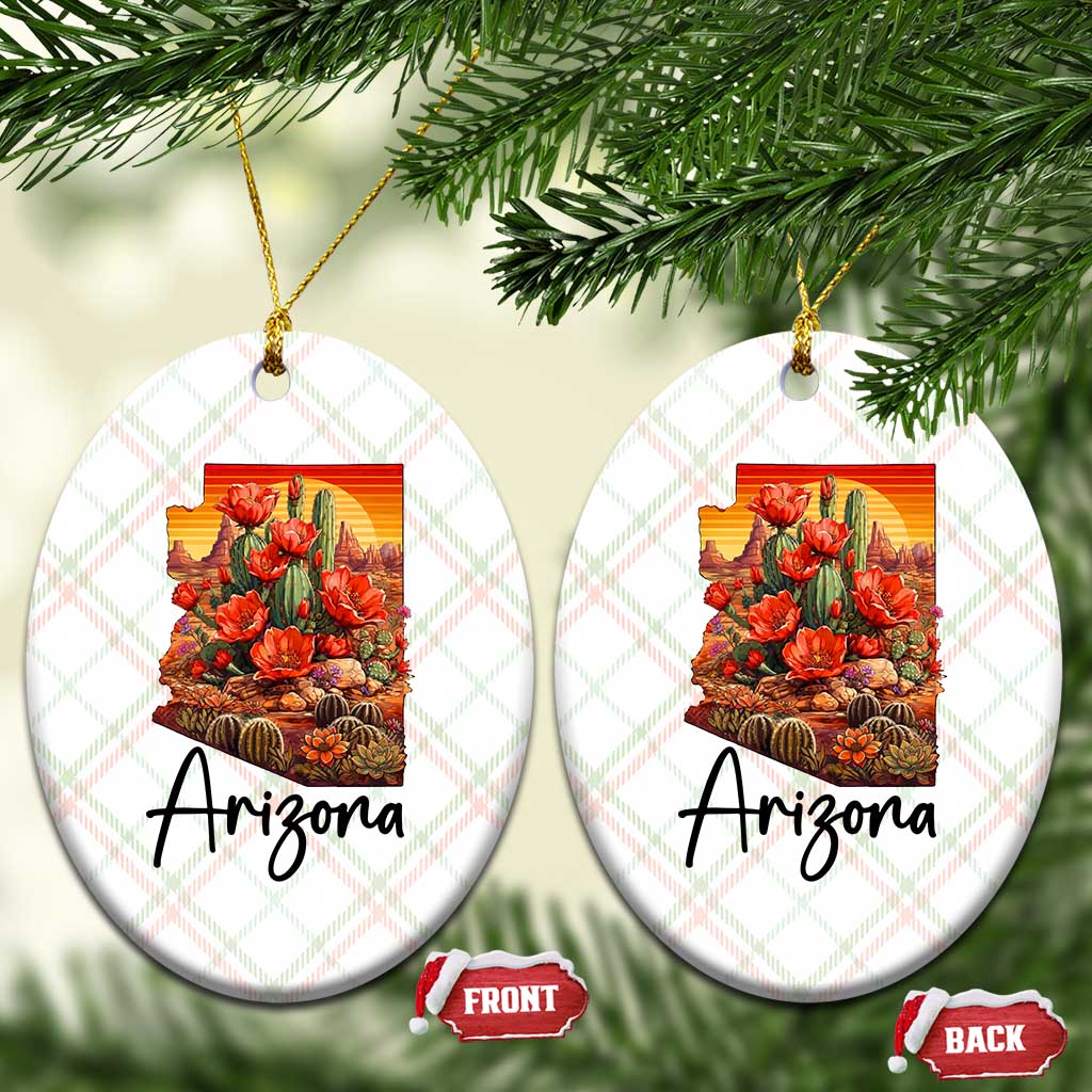 Arizona Map Blooming Cactus Flowers Gift Ceramic Ornament