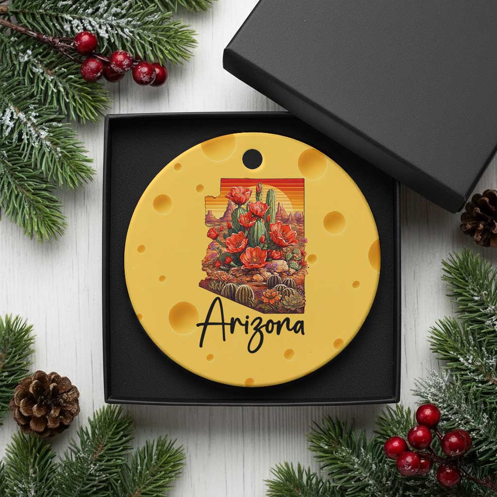 Arizona Map Blooming Cactus Flowers Gift Ceramic Ornament