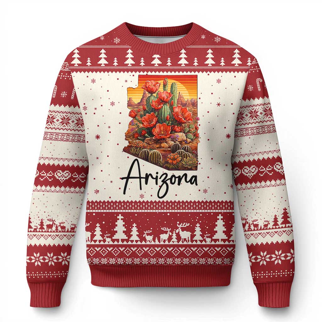 Arizona Map Blooming Cactus Flowers Gift Ugly Christmas Sweater