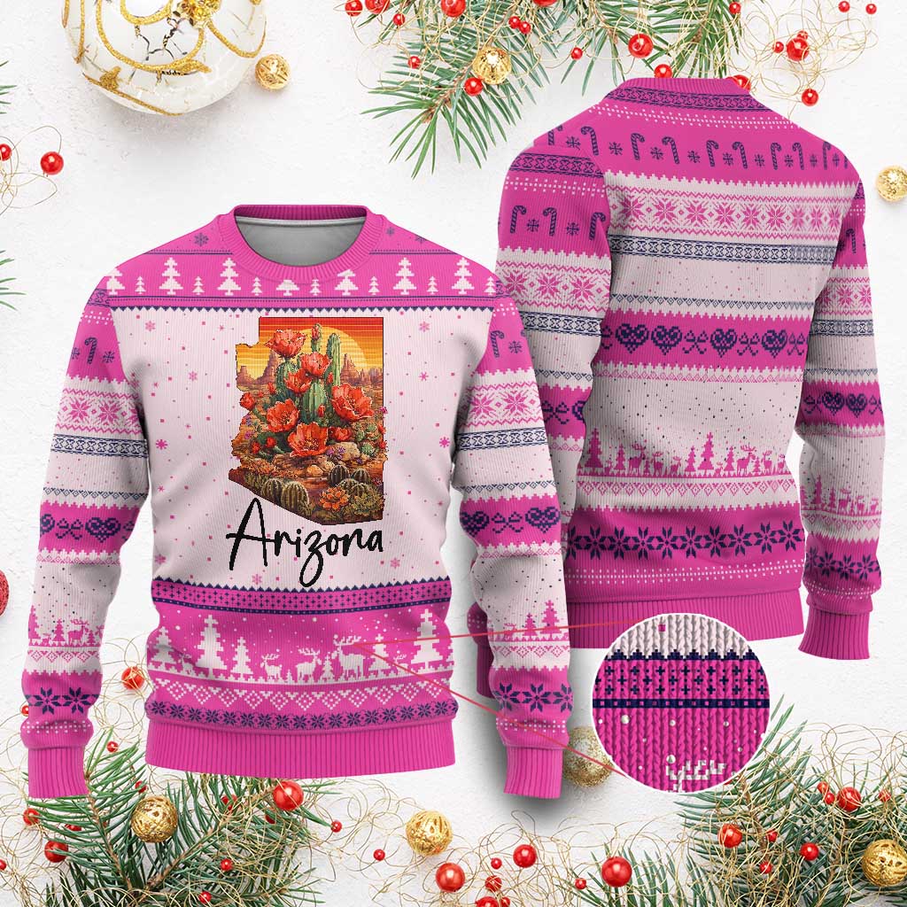 Arizona Map Blooming Cactus Flowers Gift Ugly Christmas Sweater