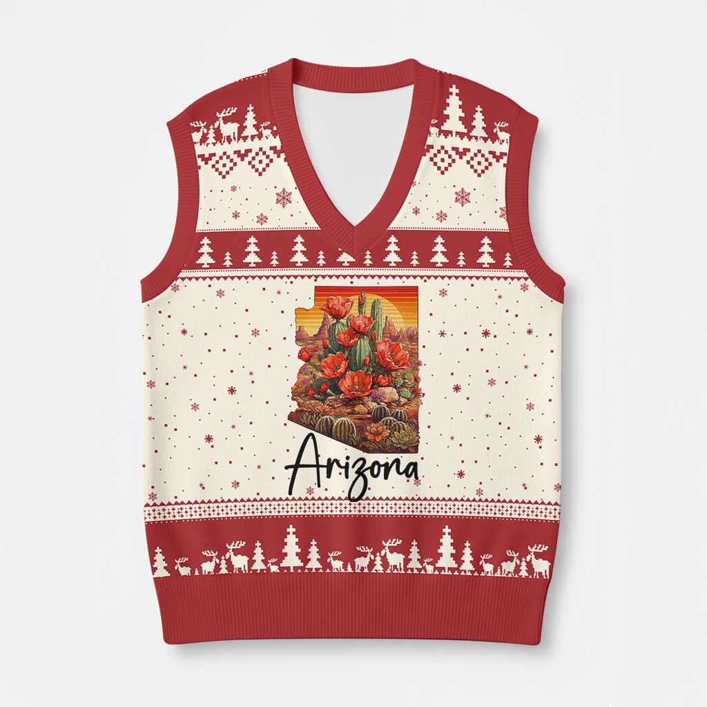 Arizona Map Blooming Cactus Flowers Gift V-Neck Knit Sweater Vest