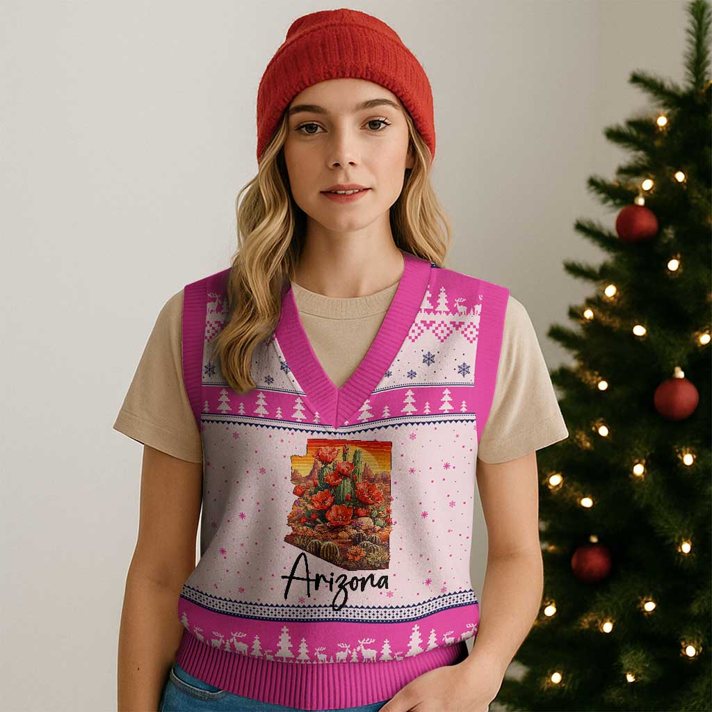 Arizona Map Blooming Cactus Flowers Gift V-Neck Knit Sweater Vest