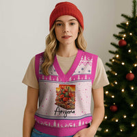 Arizona Map Blooming Cactus Flowers Gift V-Neck Knit Sweater Vest
