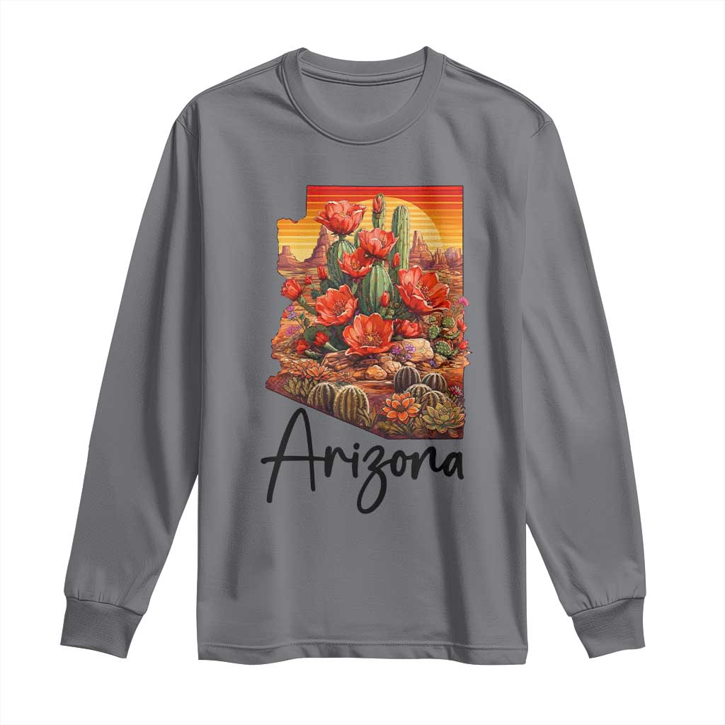 Arizona Map Blooming Cactus Flowers Gift Long Sleeve Shirt