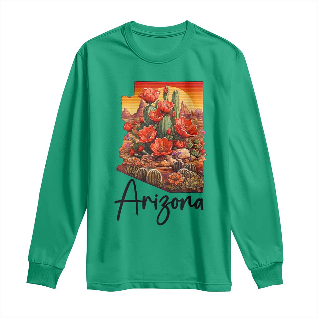 Arizona Map Blooming Cactus Flowers Gift Long Sleeve Shirt