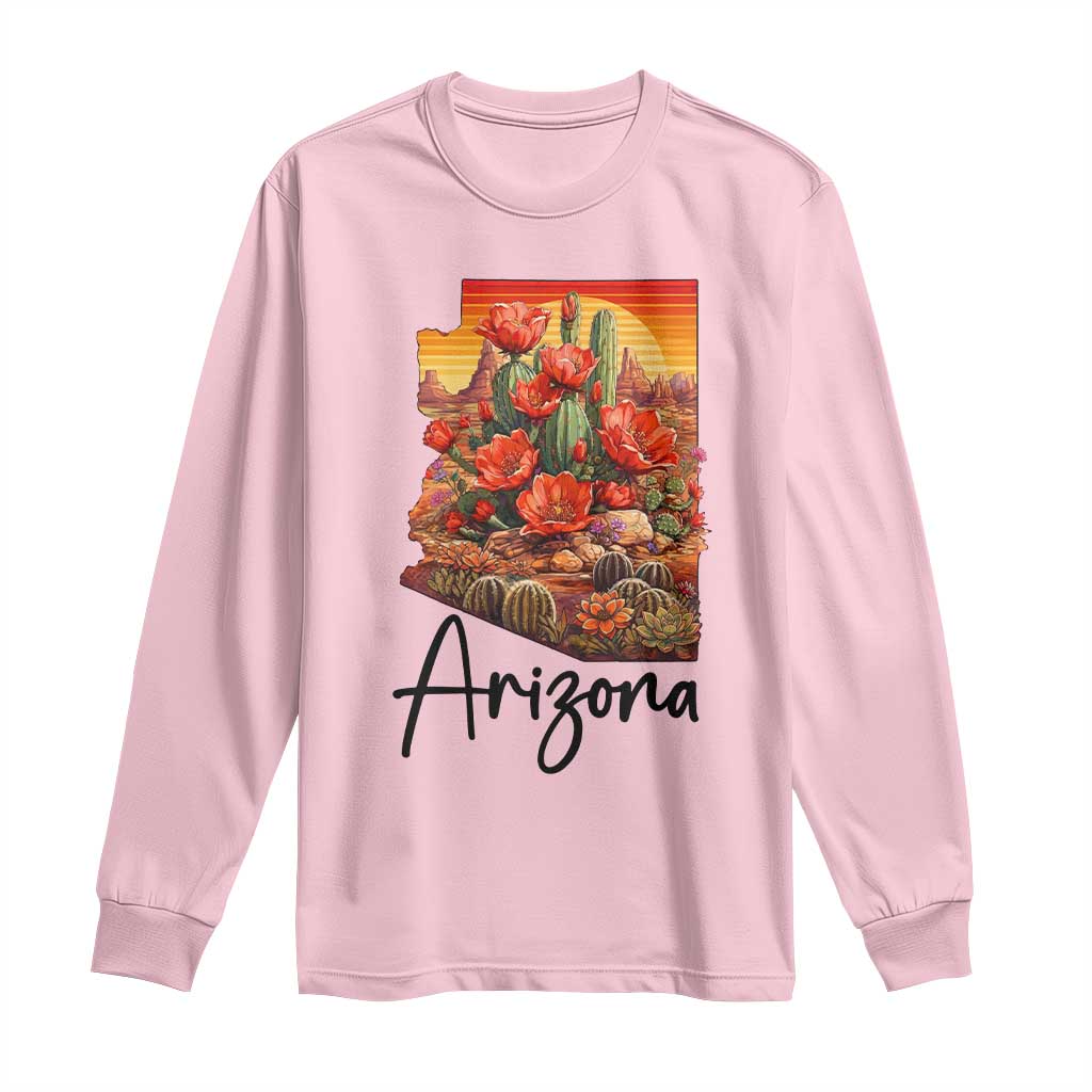 Arizona Map Blooming Cactus Flowers Gift Long Sleeve Shirt