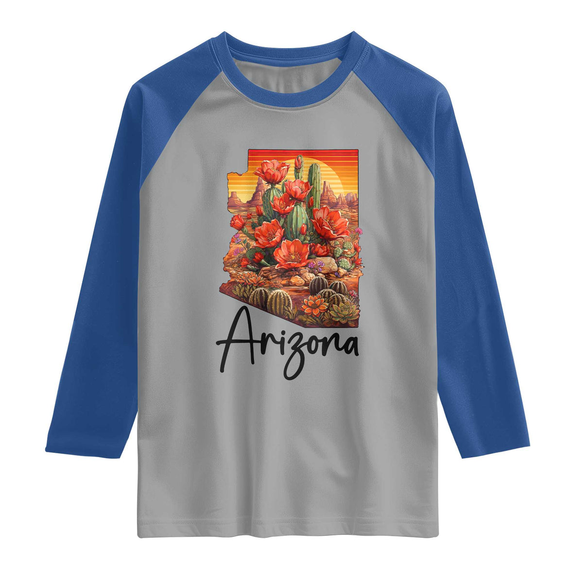 Arizona Map Blooming Cactus Flowers Gift Raglan Shirt
