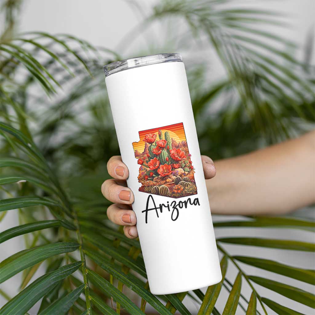 Arizona Map Blooming Cactus Flowers Gift Skinny Tumbler