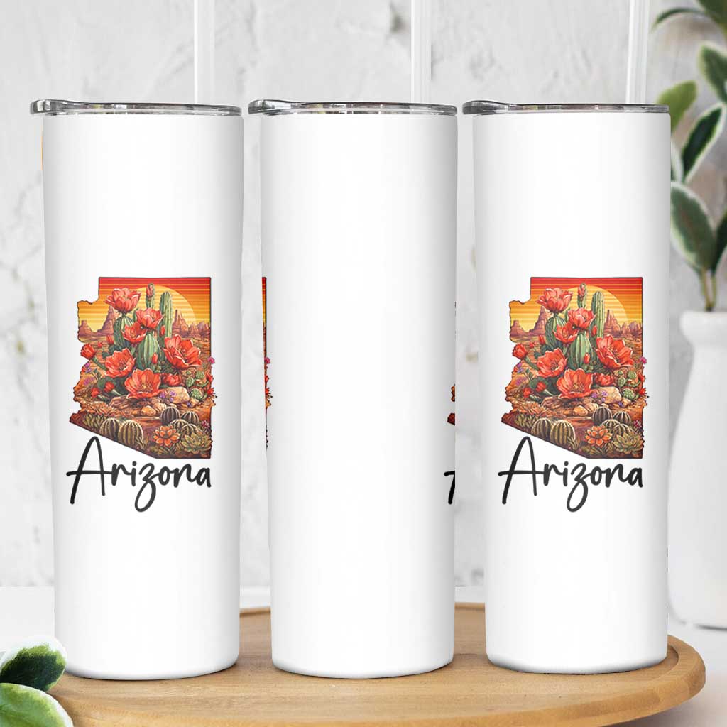 Arizona Map Blooming Cactus Flowers Gift Skinny Tumbler
