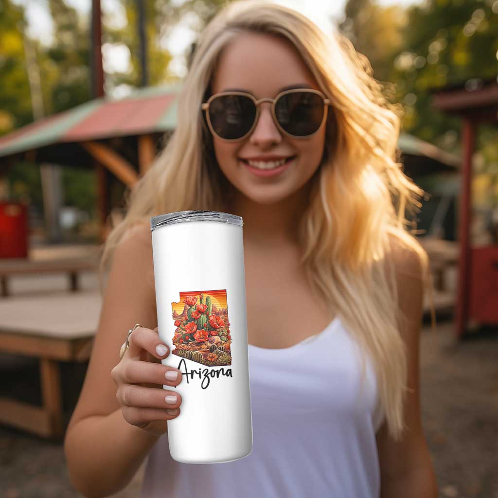 Arizona Map Blooming Cactus Flowers Gift Skinny Tumbler
