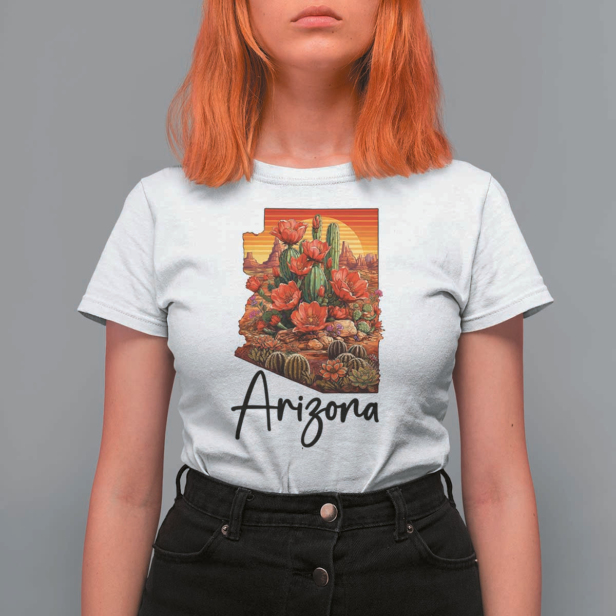 Arizona Map Blooming Cactus Flowers Gift T Shirt For Women