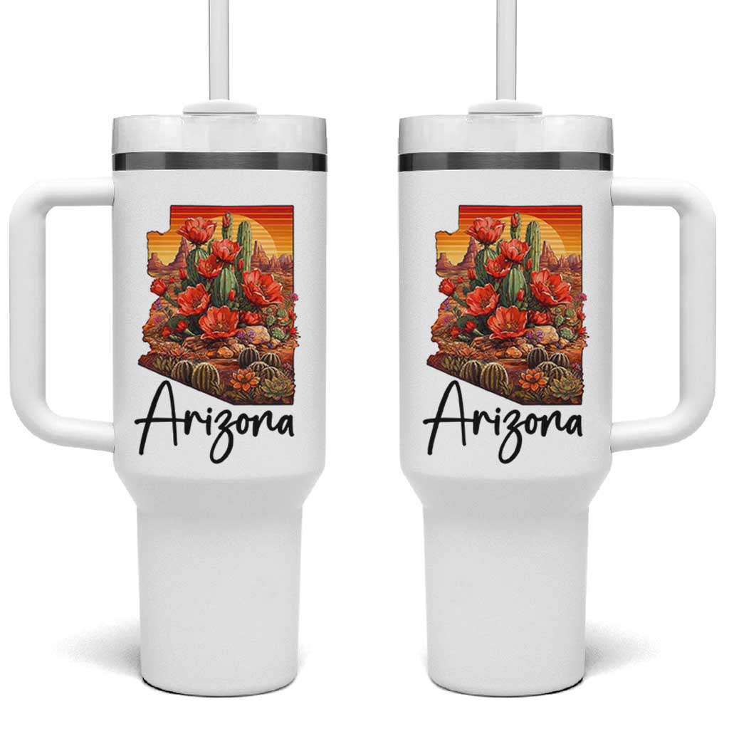 Arizona Map Blooming Cactus Flowers Gift Tumbler With Handle