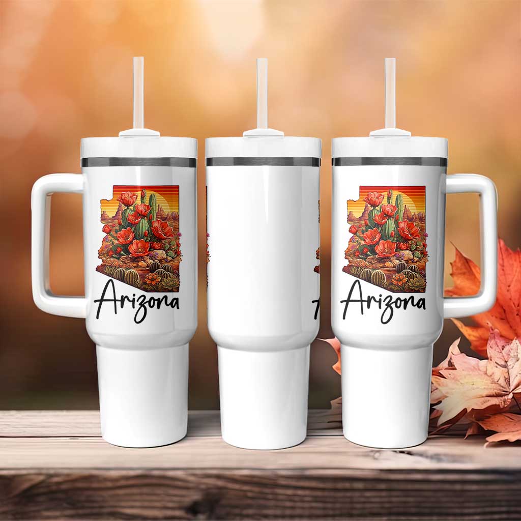 Arizona Map Blooming Cactus Flowers Gift Tumbler With Handle