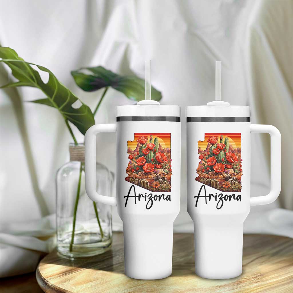 Arizona Map Blooming Cactus Flowers Gift Tumbler With Handle