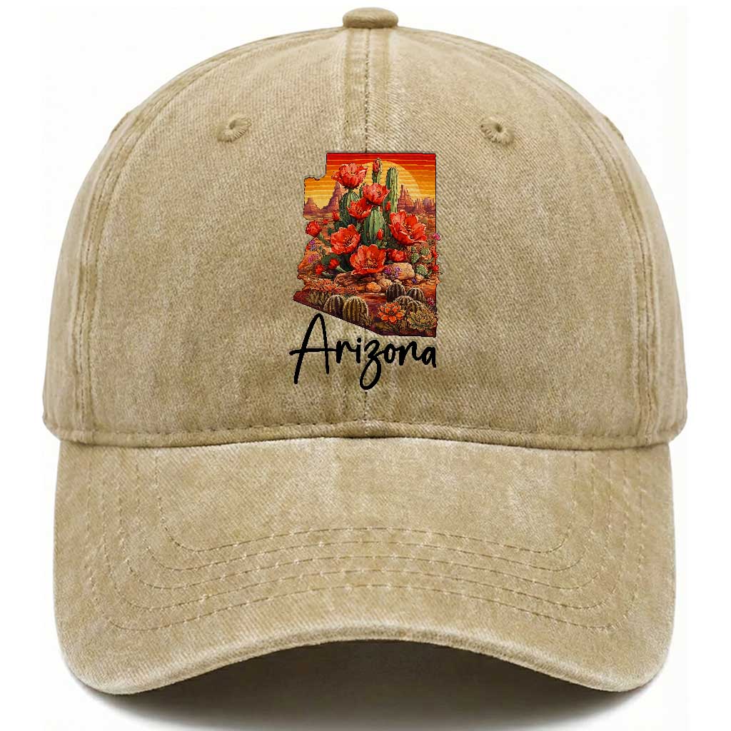 Arizona Map Blooming Cactus Flowers Gift Washed Cotton Baseball Cap